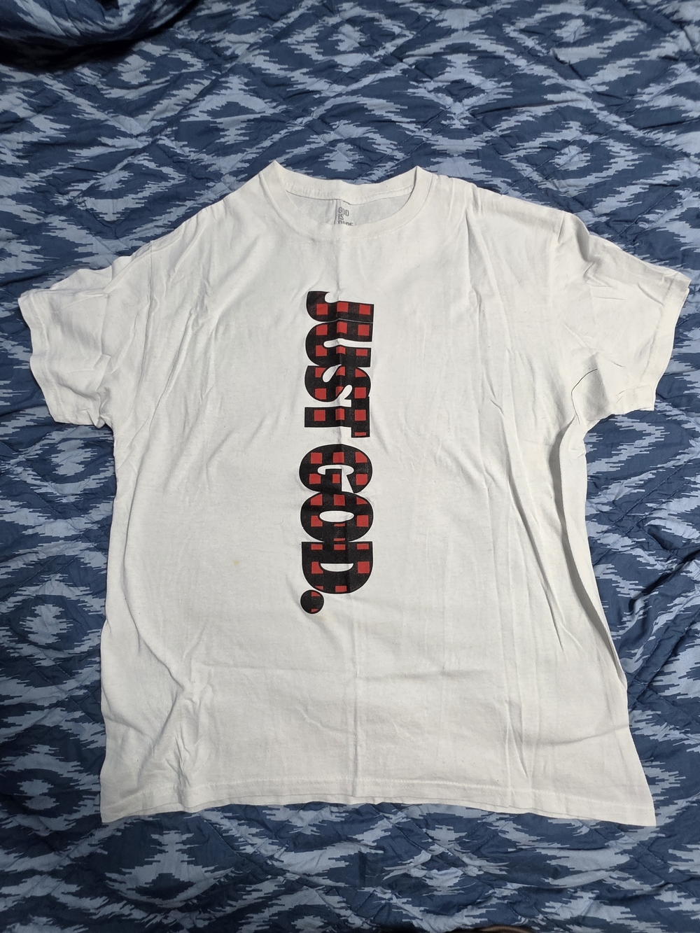 White Graphic Tee with Red and Black Vertical Plaid Logo Women's Large.